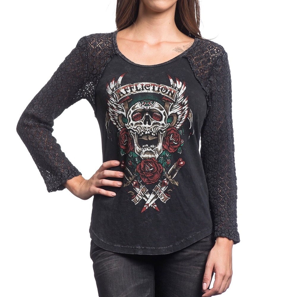AFFLICTION Screamin Roses Crochet Sleeve T-Shirt